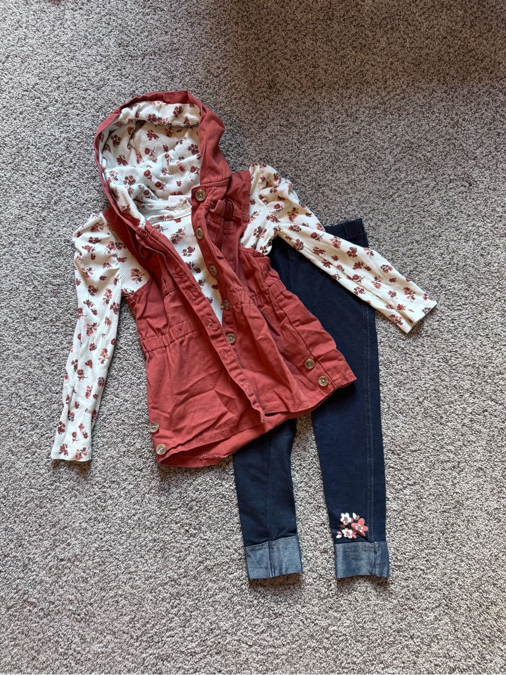 Little Lass Rust Hooded Vest with Floral Top & Navy Leggings Set